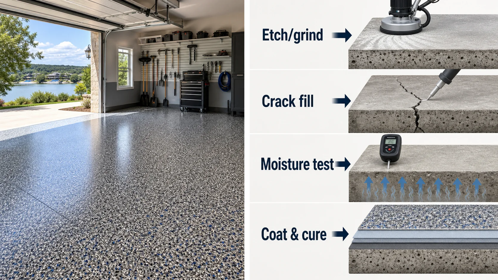 Educational diagram for epoxy floors granbury tx showing Grind, Crack fill, Coat